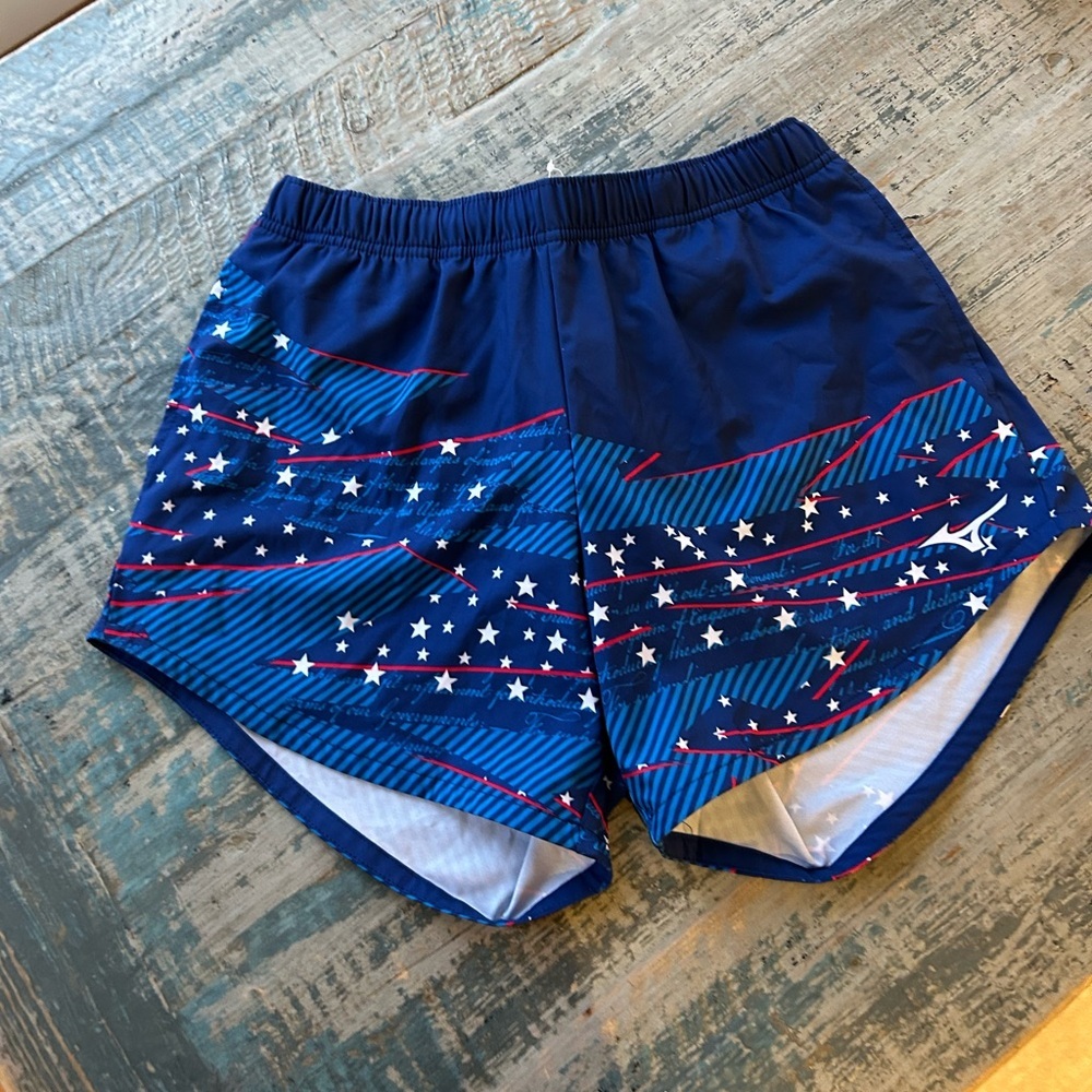 Mizuno Women Running Short Size Small Red White Blue Stars Stripes NWT Exercise